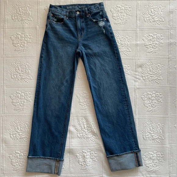 AE Stretch High-Waisted Stovepipe Cuffed Denim Jean Wide Leg Medium Wash 0R - Picture 4 of 16